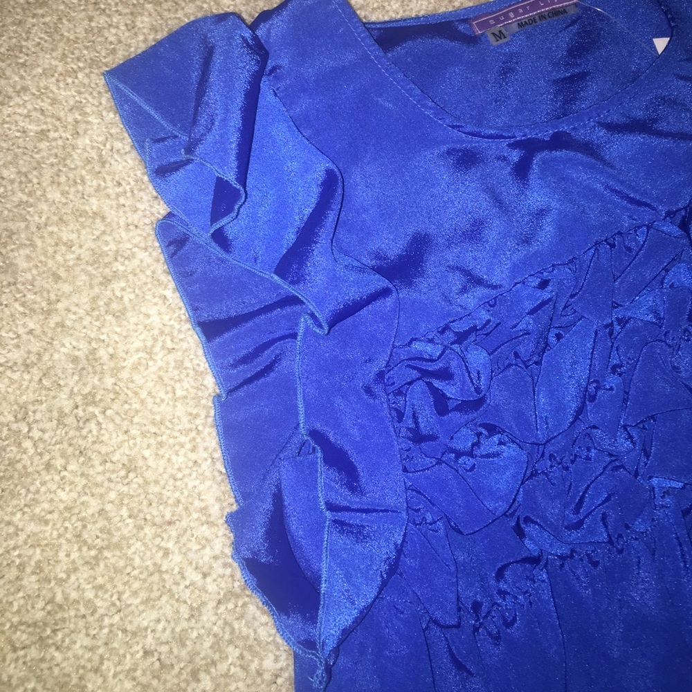 New Sugar Lips Ruffle Ruched Blue Top Medium - Picture 5 of 7